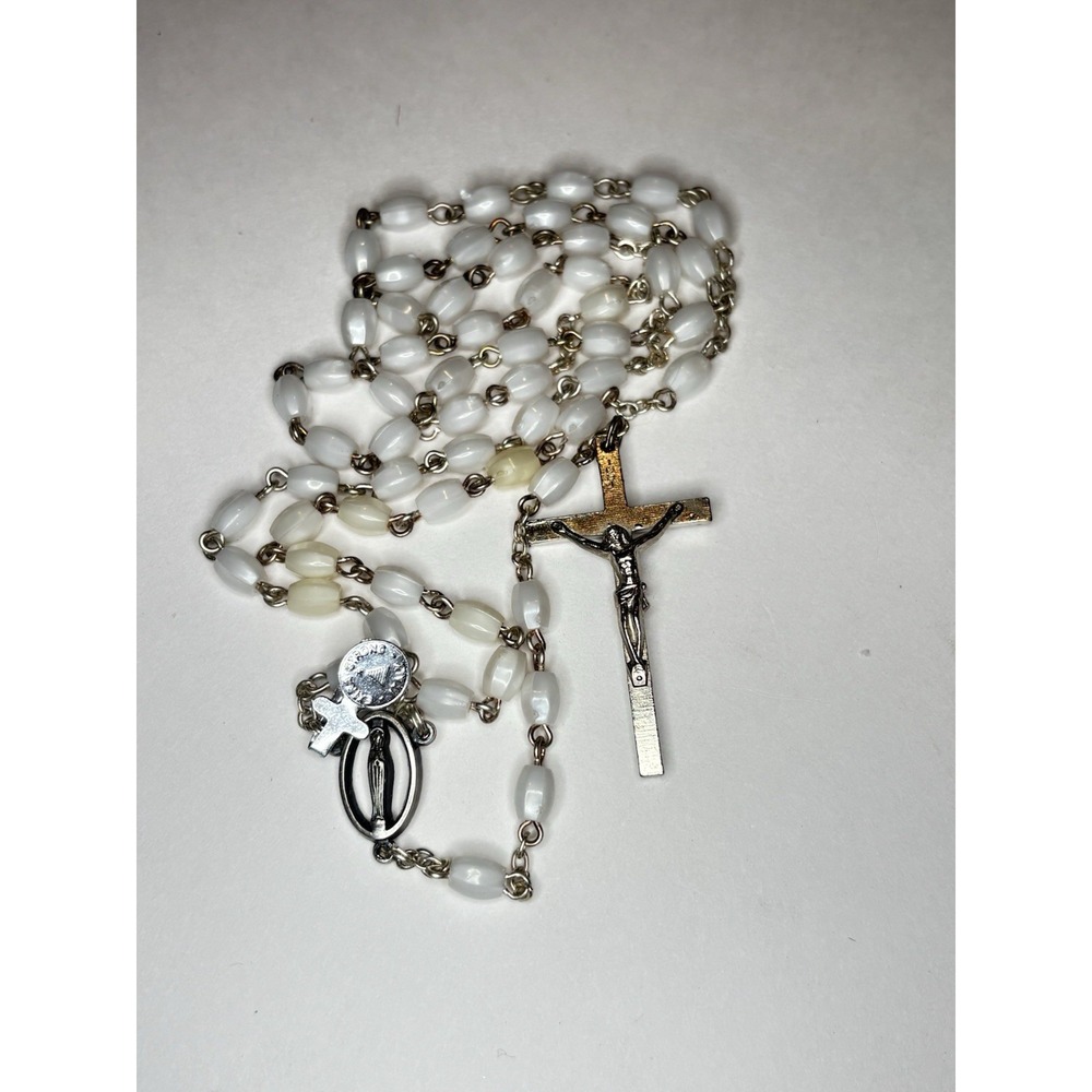 Vintage Italy Catholic Rosary White Plastic Beads Roma Crucifix Prayer Beads 20"